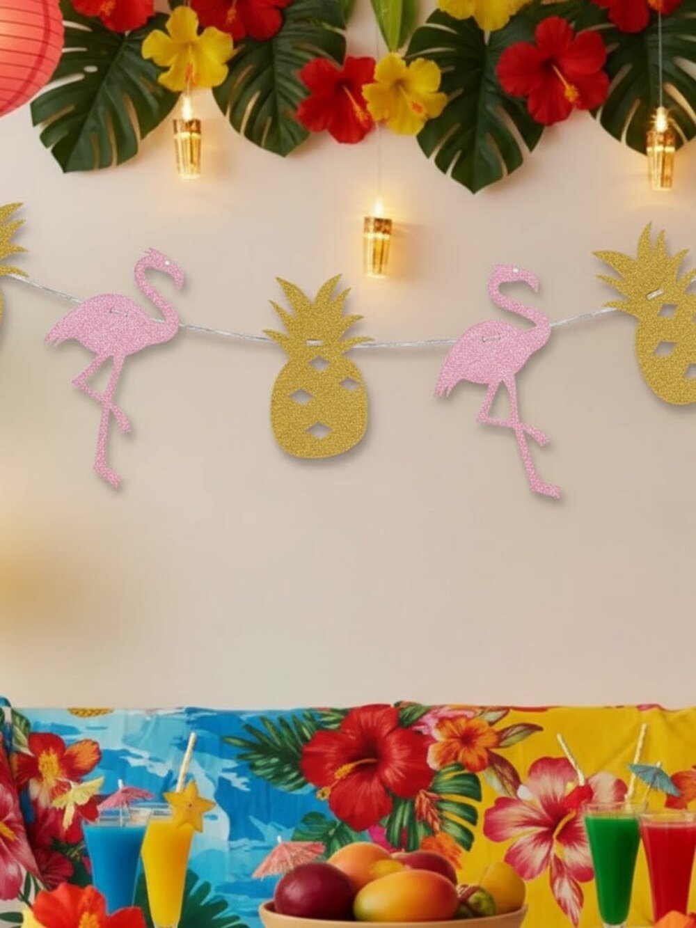 Pink & Gold Shimmer Flamingo Pineapple Garland - 7 Foot Hawaiian Luau Decoration